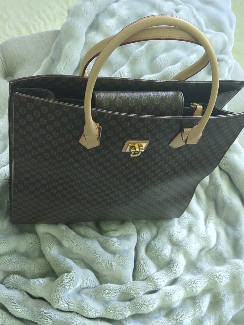 Classic Brown Patterned Satchel Tote Bag with Beige Handles